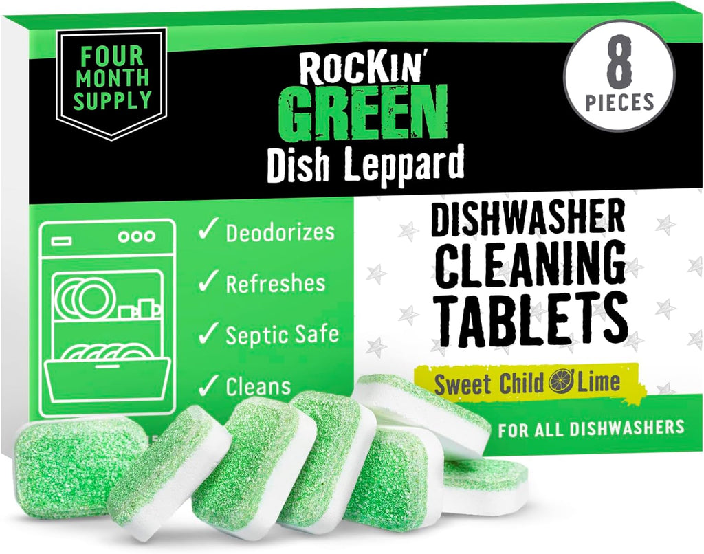 Rockin' Green Dishwasher Cleaner Tablets (8 Pack) - Septic Safe Dishwasher Cleaning Tablets Dishwasher Cleaner and Deodorizer - Dishwasher Remove Build Up with Citric Acid (Sweet Child O'Lime)