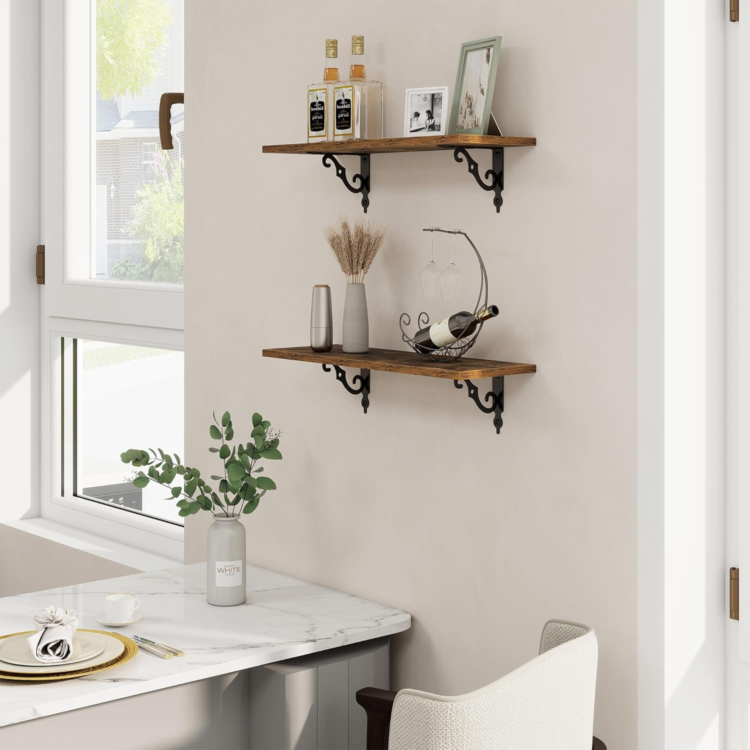 RICHFOCUS Floating Shelves for Wall Decor, 24Inch Wall Shelves Set of 2, 24W x 8D Floating Shelves Wall Mounted with Metal Brackets, Rustic Wood Shelves for Living Room Bedroom Kitchen, Rustic Brown