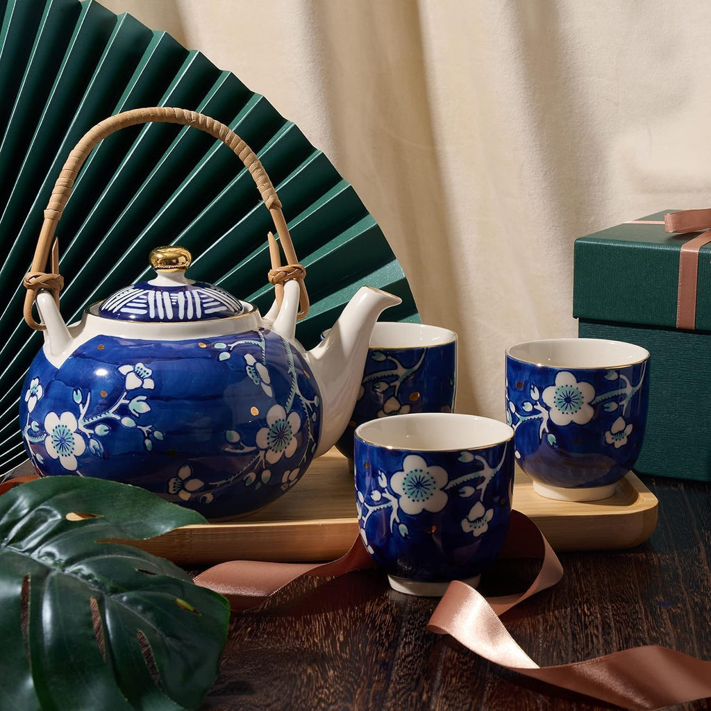 Japanese Tea Set, 25 oz Ceramic Tea Sets with Teapot and Cup Set for 4, Blue and White Tea Sets for Adults with Removable Stainless Infuser and Bamboo Tray, Tea Gifts Set for Tea Lovers