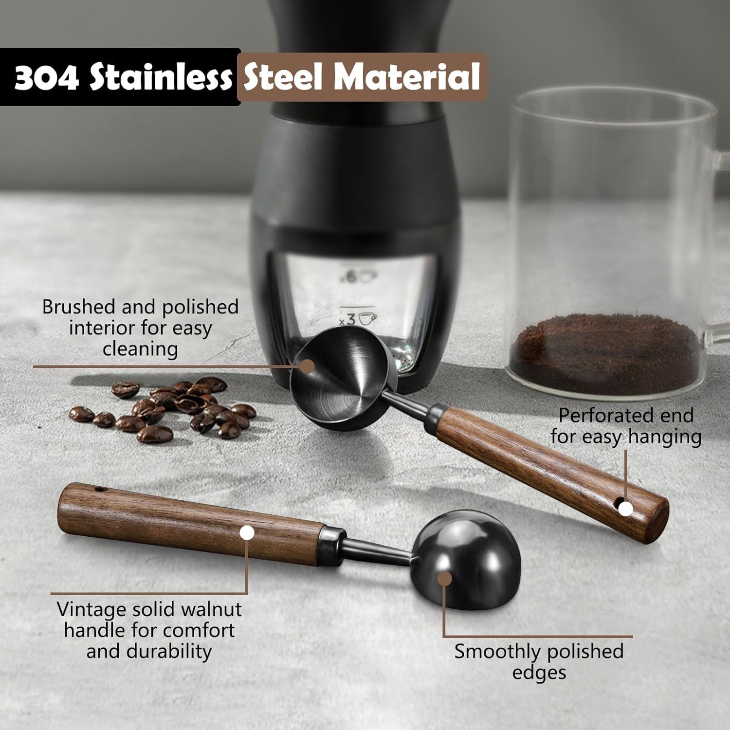 Vintage Coffee Measuring Spoon - 304 Stainless Steel Coffee Scoop, 10g Capacity, Natural Walnut Handle, for Scooping, Measuring, for Coffee, Tea, Etc - Black