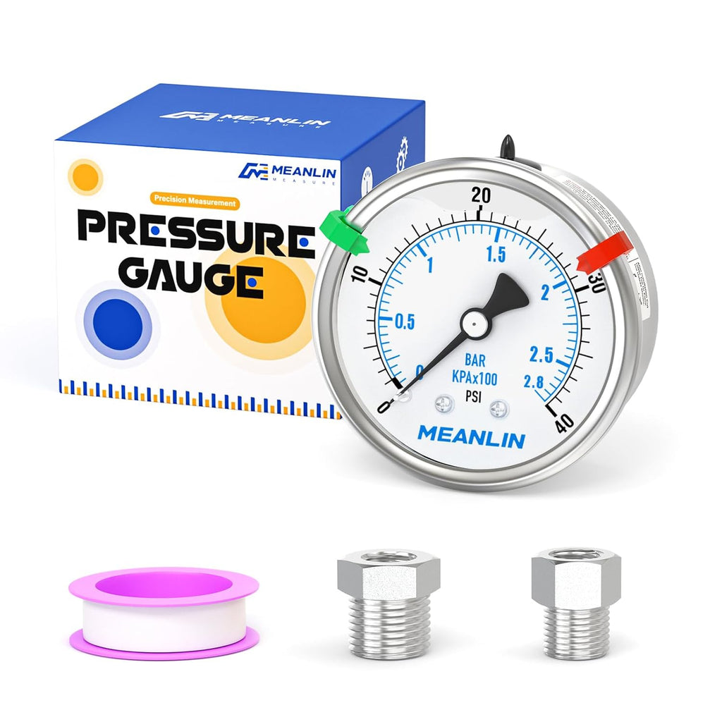 MEANLIN MEASURE 0~40Psi Stainless Steel Liquid Filled Pressure Gauge 2.5" FACE DIAL 1/4" NPT for Pool Sand Filter Water Oil Air Pressure Test Back Mount with Stainless Steel Hex Bushing and Snaps
