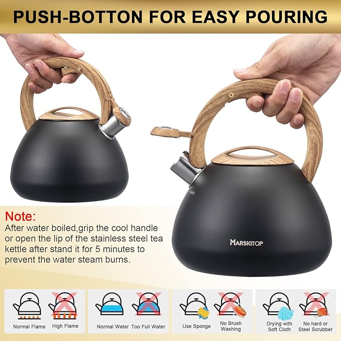 MARSKITOP Tea Kettle for Stove Top, Whistling Kettle Teapot for Stovetop, Food Grade Stainess Steel Teakettle with Cool Touch Ergonomic Handle, 2.6 Quart, Black