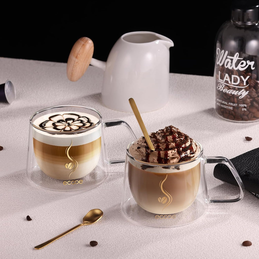 ecooe Double Walled Glass Coffee Mug 12oz Cappuccino Latte Macchiato Cups Set of 2 Clear Glass Coffee Cups with Handle, Double Wall Glass Cup for Tea Milk Juice Ice Cream, Birthday Gifts for Mum Dad