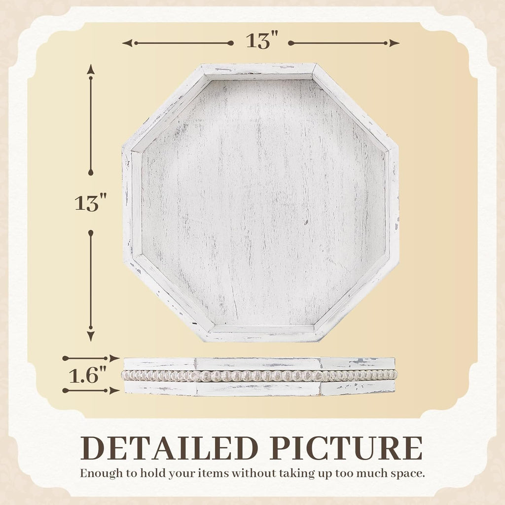 Wooden Decorative Tray, Small Serving Tray with Wood Bead, Farmhouse Big Tray for Ottoman, Countertop, Coffee Tabl, 13" x 13"x 1.6" (Retro White)