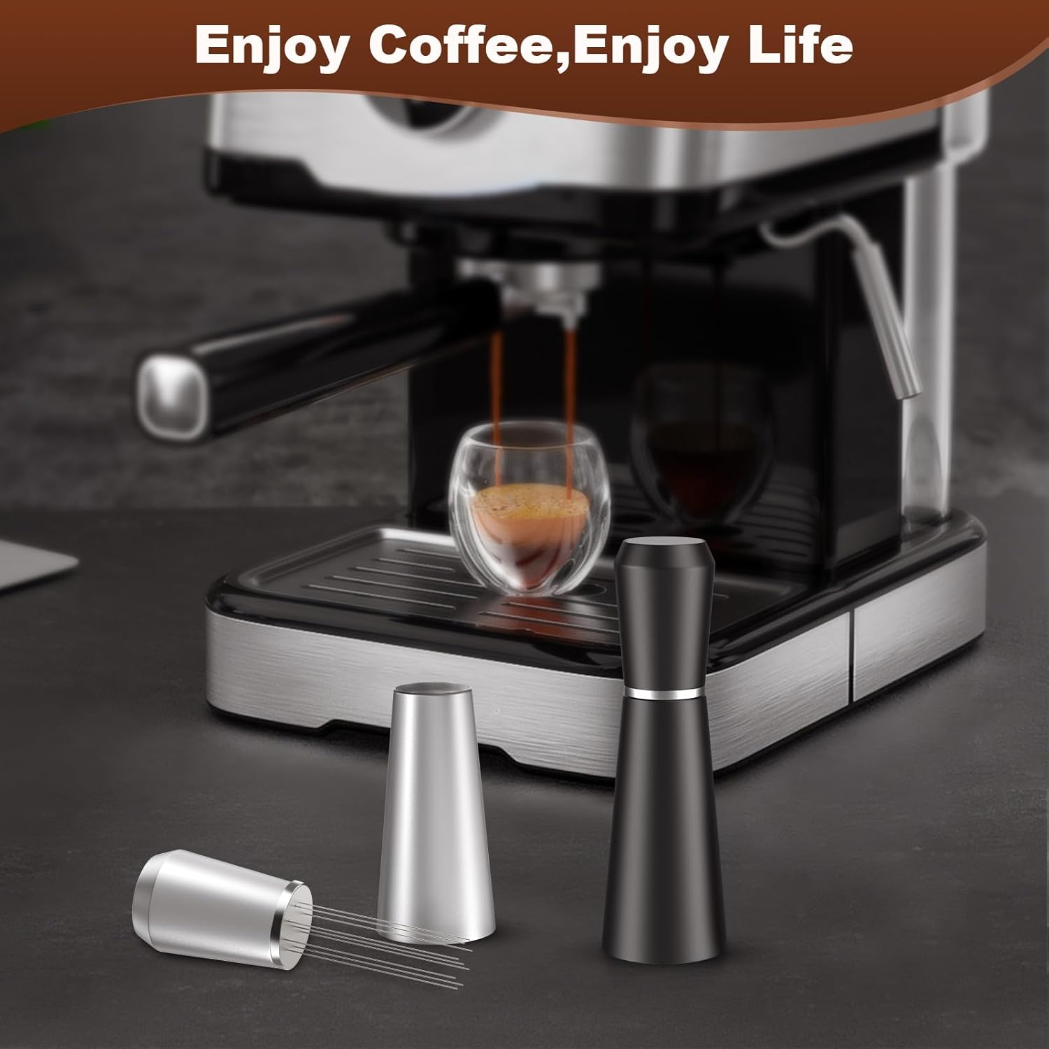 WDT Espresso Distribution Tool, 0.35mm 8 Needle Coffee Stirrer with 8 Extra Needles, 304 Stainless Steel, Aluminum Alloy Handle with Stand, Barista Espresso Whisk Tool (Metal Black)