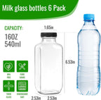 BIGIVACA 16 oz Glass Juice Bottles with Lids,6 PACK Bottles for Juicing,Square Drinking Jars Glass for Coffee,Cola,Milk,Tea in Travel,Work,School