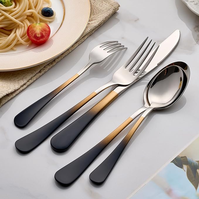 Colorful Silverware Set 20 Piece 18/0 Stainless Steel Flatware Black and Gold Handle Cutlery Set Service for 4 Fork Knife Spoon Set Mirror Finish Dishwasher Safe