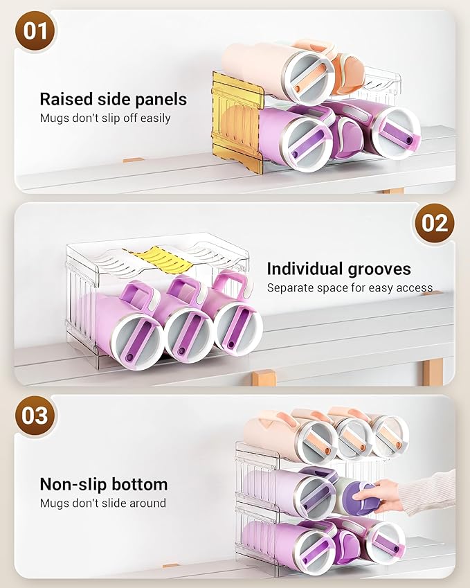 Water Bottle Organizer Holder for Stanley Cup Accessories, Fridge Kitchen Cabinet Organizer and Storage for Meoky 40 oz Tumbler with Handle, Stackable Plastic Travel Mug Cup Rack Gifts, 3Pack