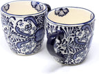 Encantada Handmade Hand-Painted Authentic Mexican Pottery Mugs (Cobalt Blue Flower X2)