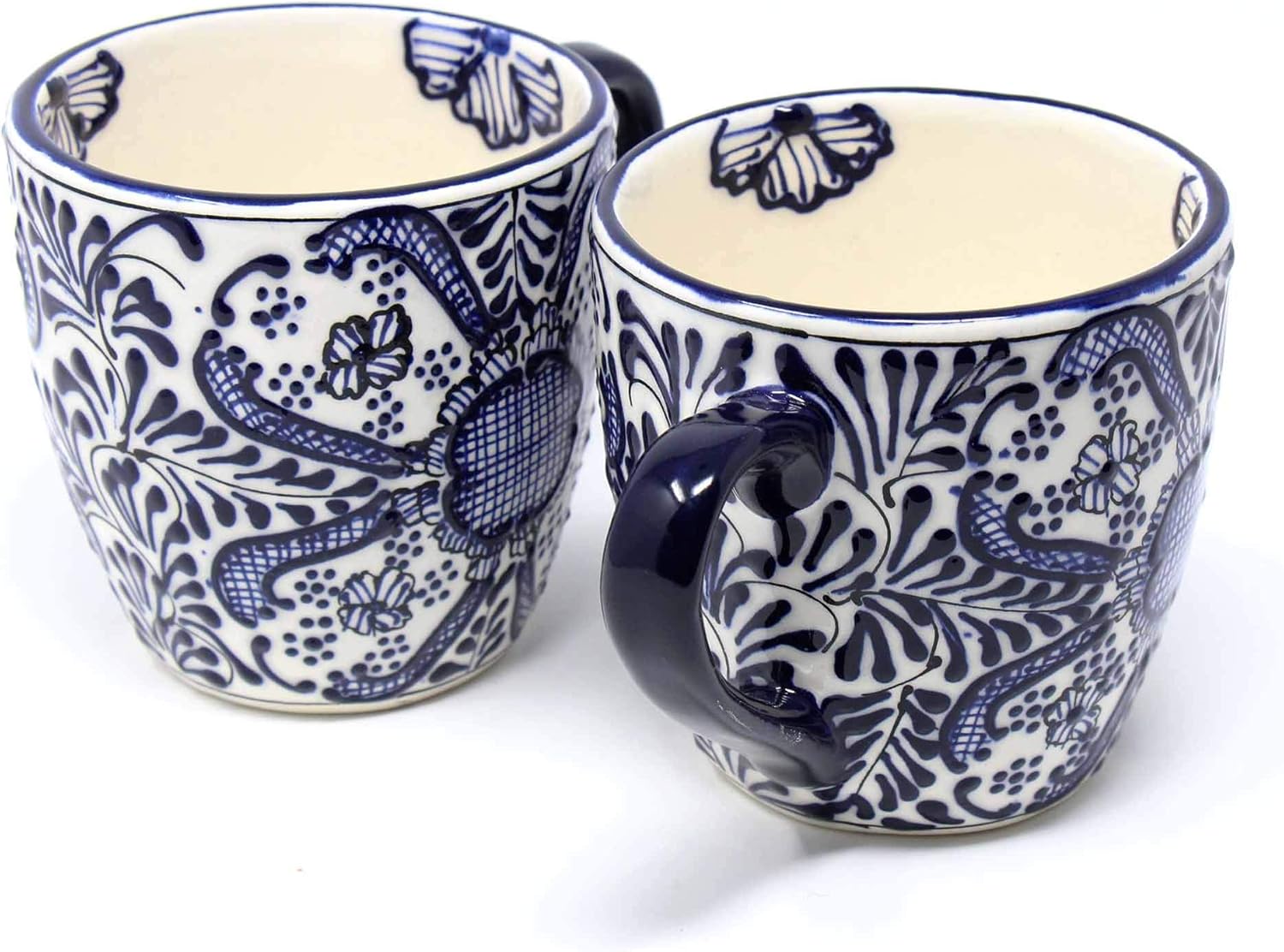 Encantada Handmade Hand-Painted Authentic Mexican Pottery Mugs (Cobalt Blue Flower X2)