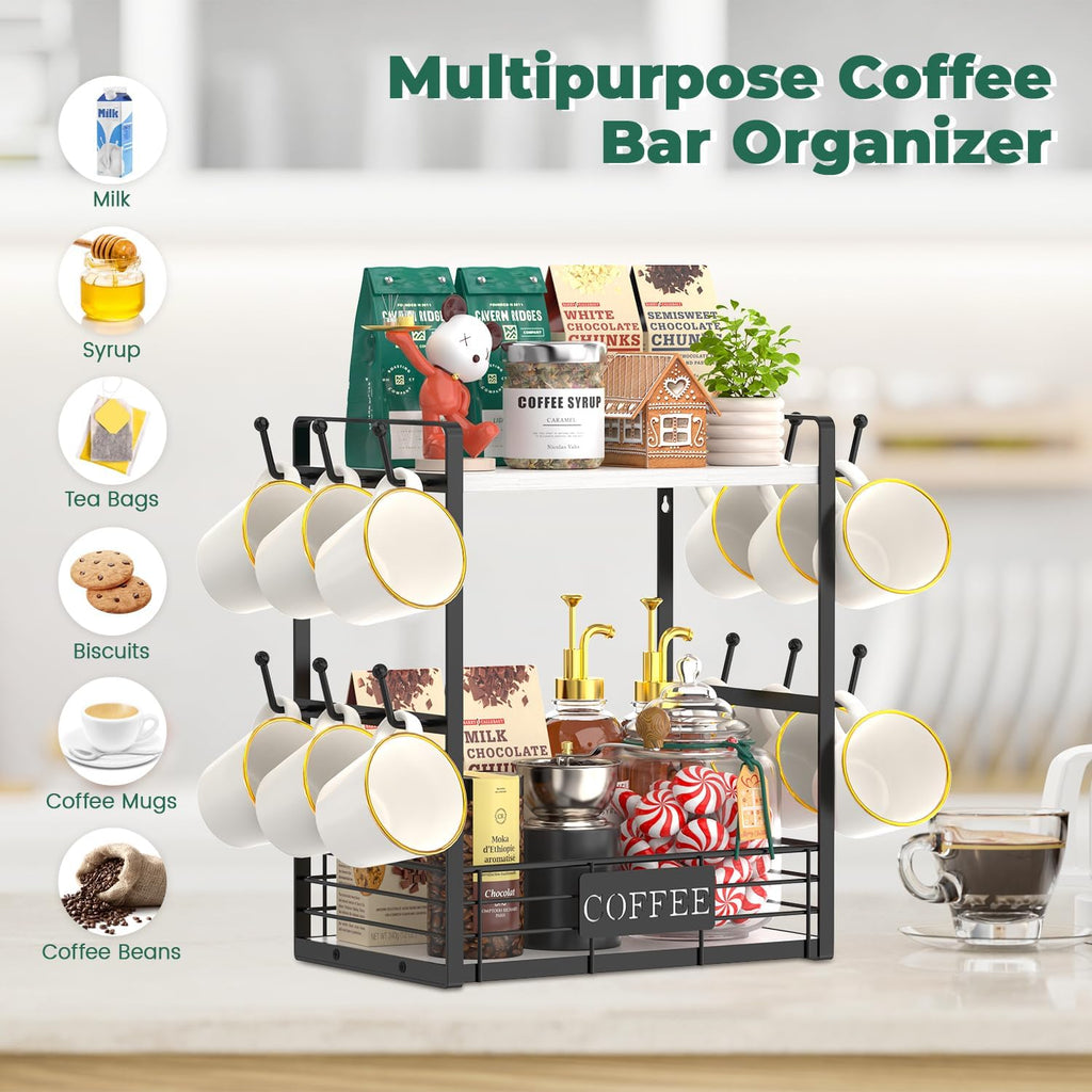 EsLuker.ly Coffee Mug Cup Holder Stand Bar Station Organizer for Countertop, Multi-Functional 2 Tier Mug Tree Rack for Kitchen, Storage Shelf with 12 Hooks, White-Black(Patented Design)