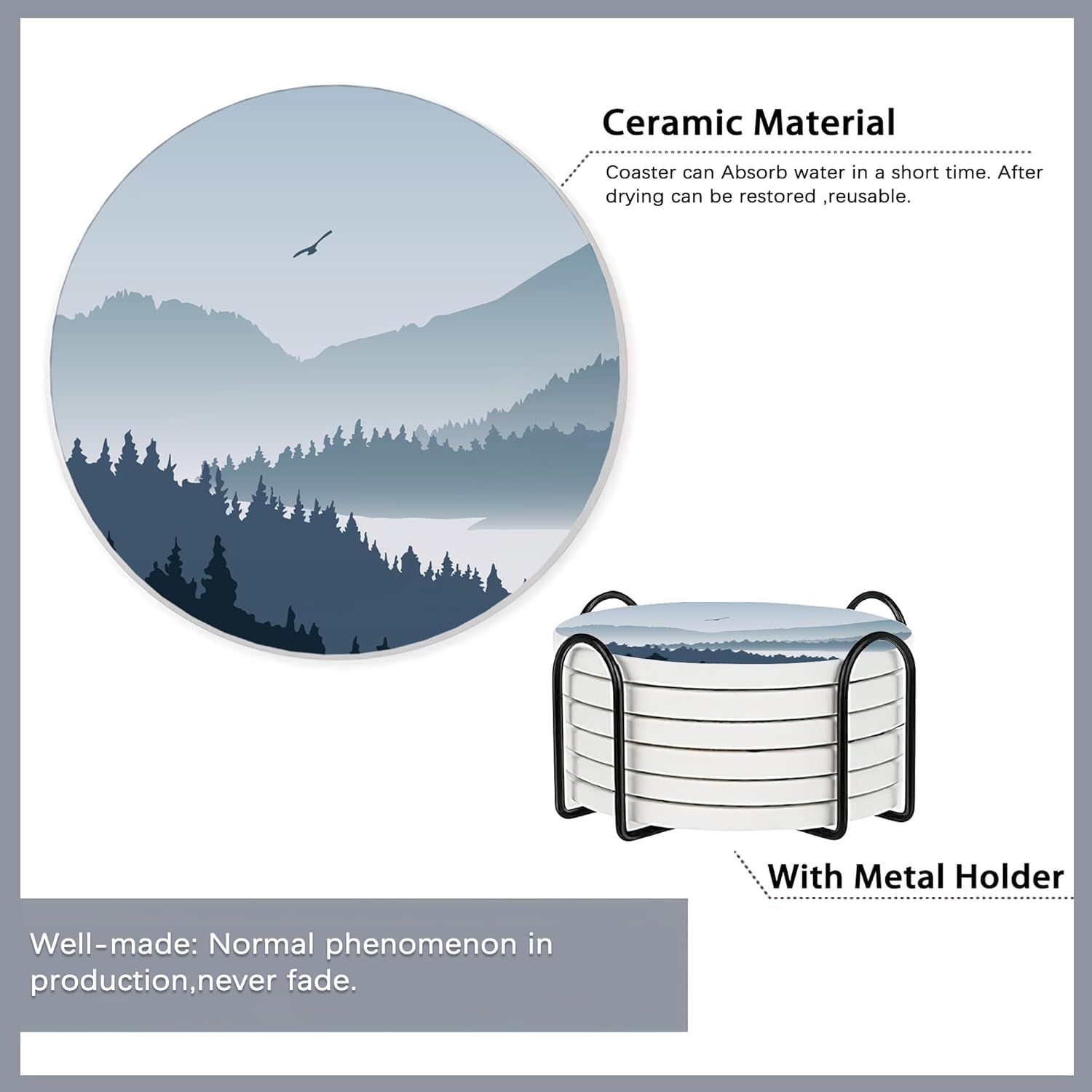 Drink Coasters Set of 6 with Holder,Misty Forest Mountains and Birds Absorbent Ceramic Coasters with Cork Base,Fit All Cups,Tabletop Protection Mat for Mugs and Cups,Office,Kitchen