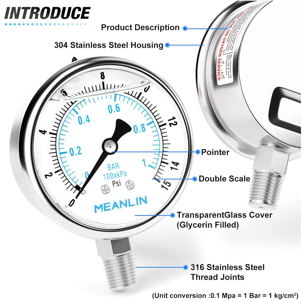 MEANLIN MEASURE 0~15Psi Liquid Filled Pressure Gauge Stainless Steel with 316 Stainless Steel Joint 1/4" NPT 2.5" FACE DIAL for Water Oil Air Well Pump Tank Tire Pressure Test Lower Mount