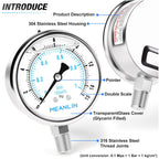 MEANLIN MEASURE 0~15Psi Liquid Filled Pressure Gauge Stainless Steel with 316 Stainless Steel Joint 1/4" NPT 2.5" FACE DIAL for Water Oil Air Well Pump Tank Tire Pressure Test Lower Mount