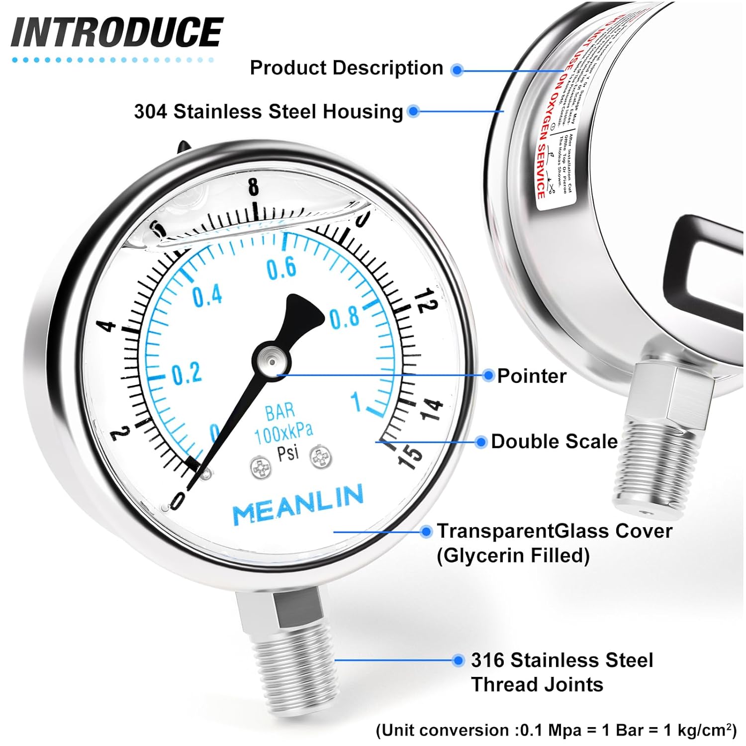 MEANLIN MEASURE 0~15Psi Liquid Filled Pressure Gauge Stainless Steel with 316 Stainless Steel Joint 1/4" NPT 2.5" FACE DIAL for Water Oil Air Well Pump Tank Tire Pressure Test Lower Mount