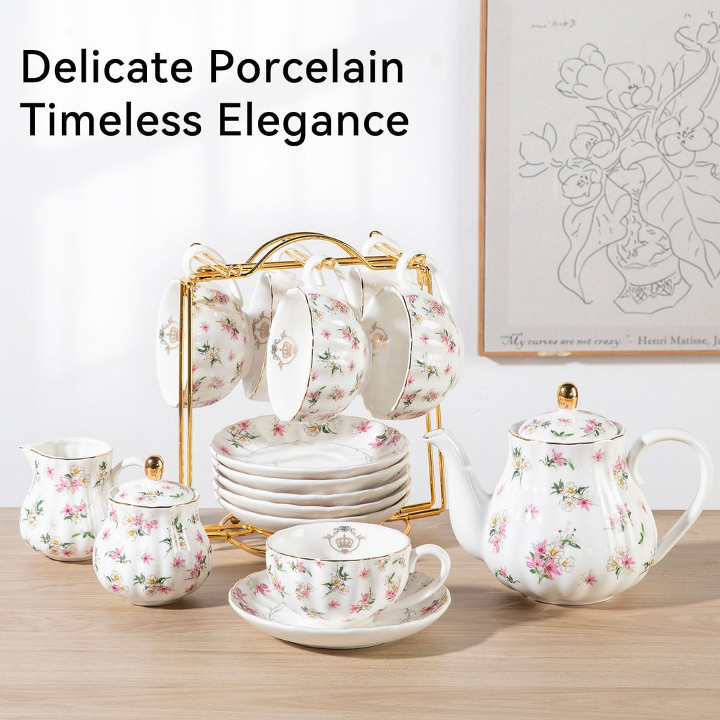 Porcelain Tea Sets British Royal Series, 8 OZ Cups & Saucer Service for 6, with Teapot Sugar Bowl Cream Pitcher Teaspoons and Tea Strainer, Suitable for High Tea, Wedding, Party（Spring Flowers）
