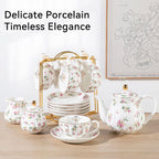 Porcelain Tea Sets British Royal Series, 8 OZ Cups & Saucer Service for 6, with Teapot Sugar Bowl Cream Pitcher Teaspoons and Tea Strainer, Suitable for High Tea, Wedding, Party（Spring Flowers）