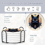 Drink Coasters Set of 6 with Holder, Black Cat Absorbent Ceramic Coasters with Cork Base,Fit All Cups,Great Gift for Housewarming,Room Decor,Bar,Holiday Party