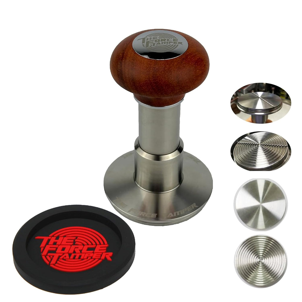 The Force Tamper Automatic Impact Adjustable Constant Pressure and Autoleveling Coffee Tamper Reddish Brown Jellyfish Wooden Handle Set Pro (Duo-Distribute Set, 58.50mm)