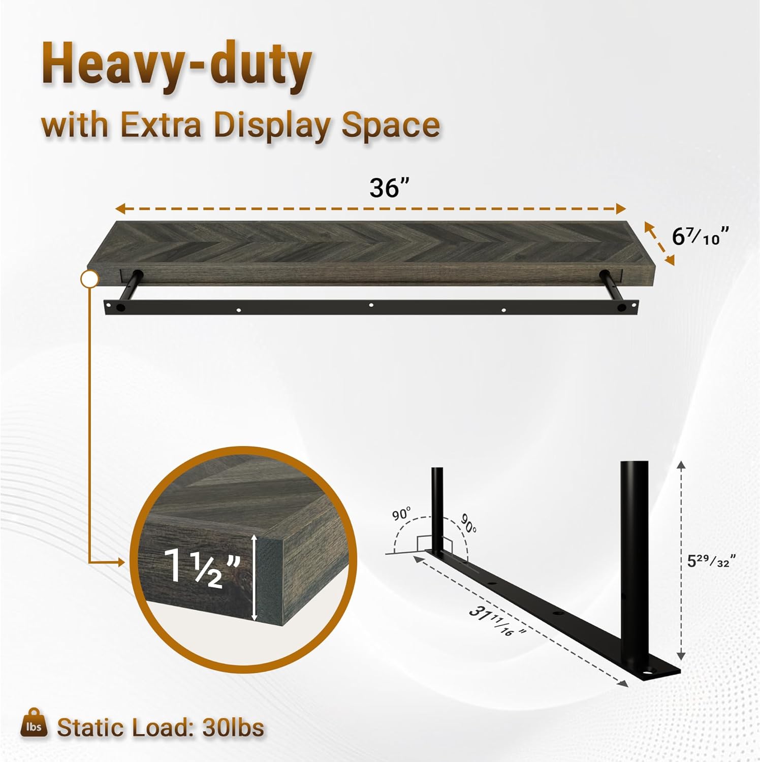 36" Acacia Chevron Floating Shelves Set of 2 - Wall Mounted Wooden Shelf for Stylish Home Décor - Mocha Color - 36x6.7x1.5 Inches