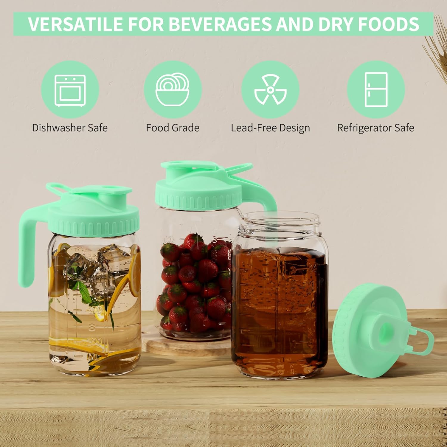 32oz Glass Pitcher with Lid &Pour Spout - 1 Quart Breastmilk Pitcher Double Leak Proof, Creamer Container for Sun Tea, Juice, Cold Brew Coffee, Breastmilk Storage Container -Green Lid