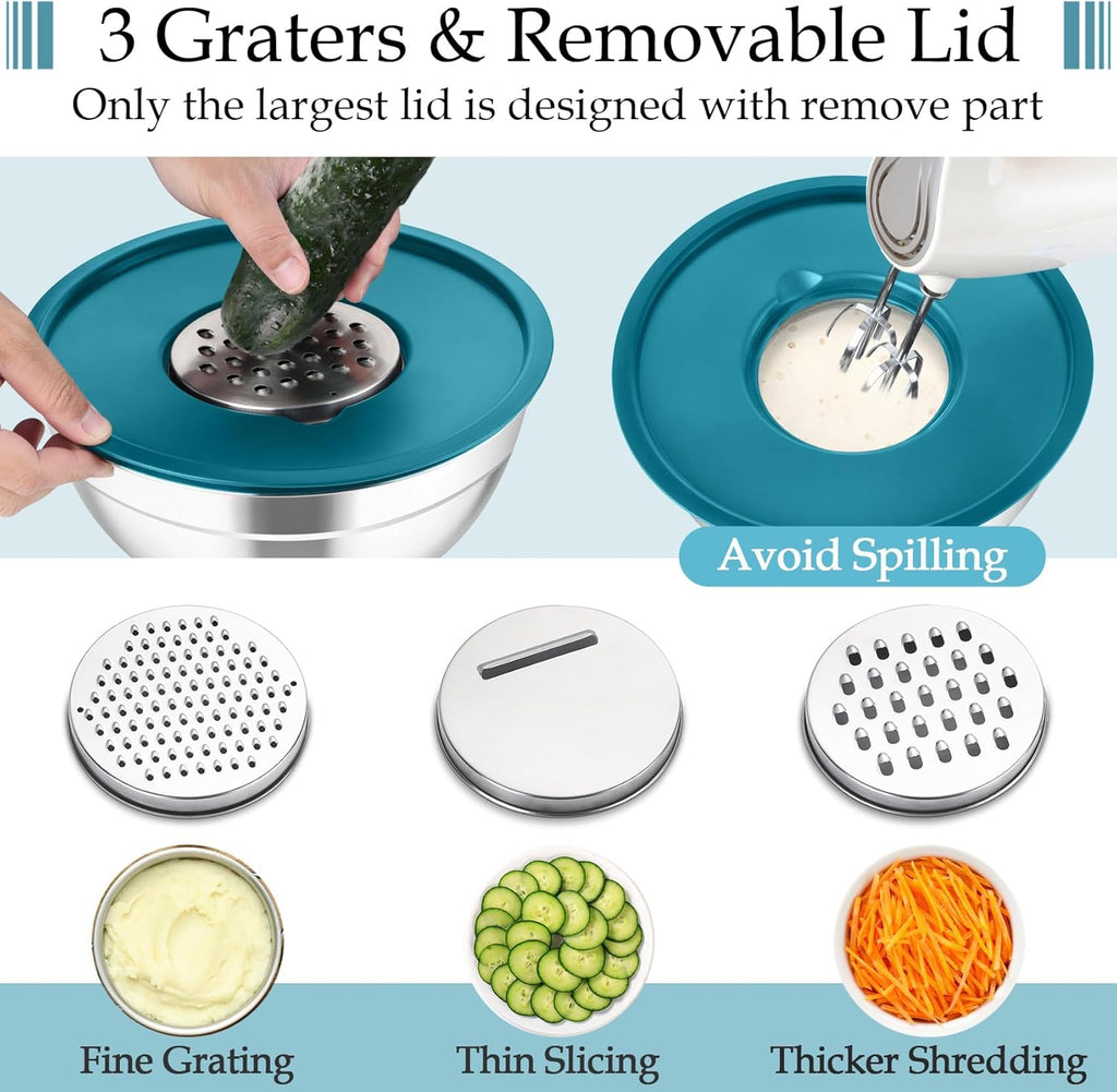 TeamFar Mixing Bowls, Stainless Steel Nesting Salad Bowls with Lids Set of 3 & 3 Grater Attachments, For Mixing/Serving/Storing, Non-toxic & Long-lasting, Size 4.6/3 / 1.5 QT, Navy Blue