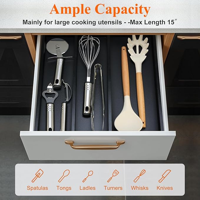 Bamboo Kitchen Tool Drawer Organizer Storage Black Cutlery Tray Expandable Silverware Drawer Divider Organizers Large Cooking Utensil Holder for Drawers Spoon Flatware Organizer Silverware Trays