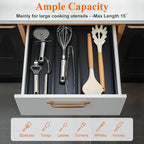 Bamboo Kitchen Tool Drawer Organizer Storage Black Cutlery Tray Expandable Silverware Drawer Divider Organizers Large Cooking Utensil Holder for Drawers Spoon Flatware Organizer Silverware Trays
