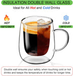 Glass Coffee Cups Set of 4, 13oz Double Walled Glass Mugs with Handles, Clear Insulated Coffee Mug Espresso Cups, Cappuccino Latte Tea Cups Set, Heat Resistant Borosilicate Clear Glasses