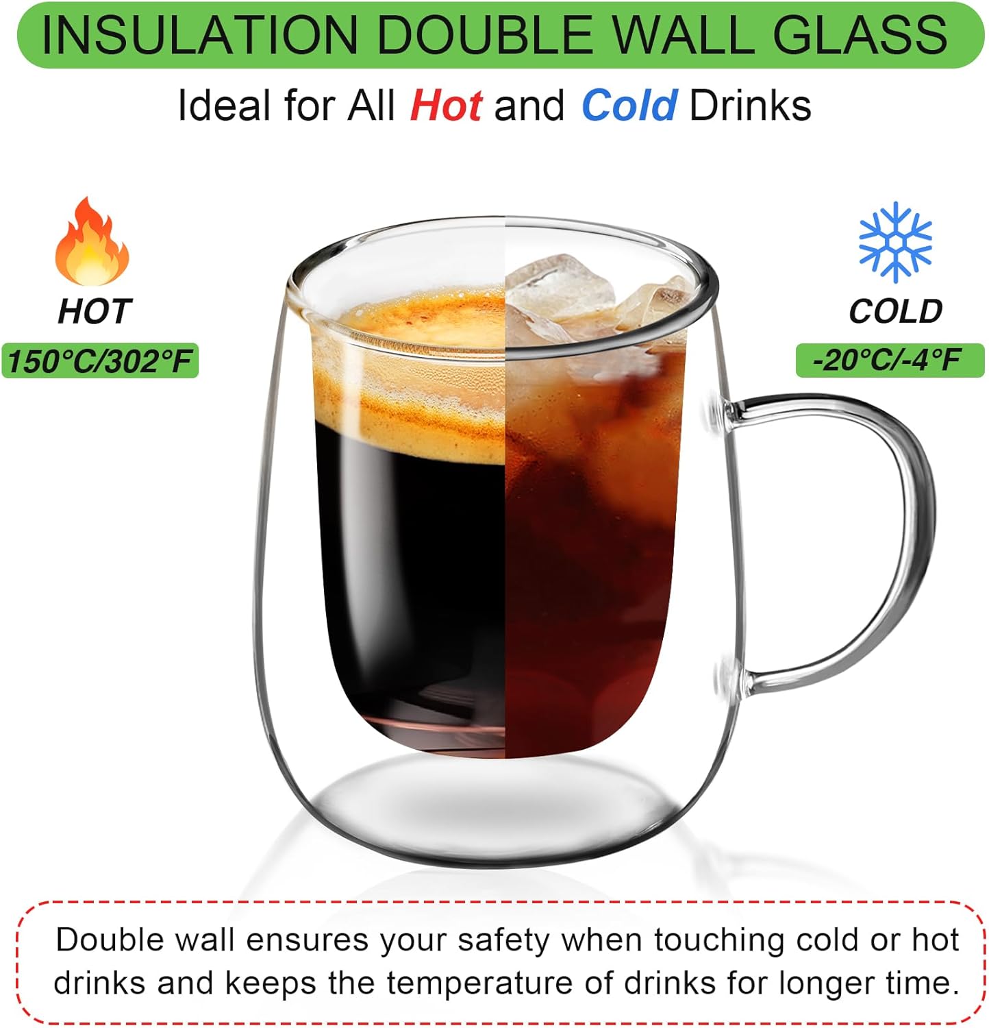 Glass Coffee Cups Set of 2, 13oz Double Walled Glass Mugs with Handles, Clear Insulated Coffee Mug Espresso Cups, Cappuccino Latte Tea Cups Set, Heat Resistant Borosilicate Clear Glasses