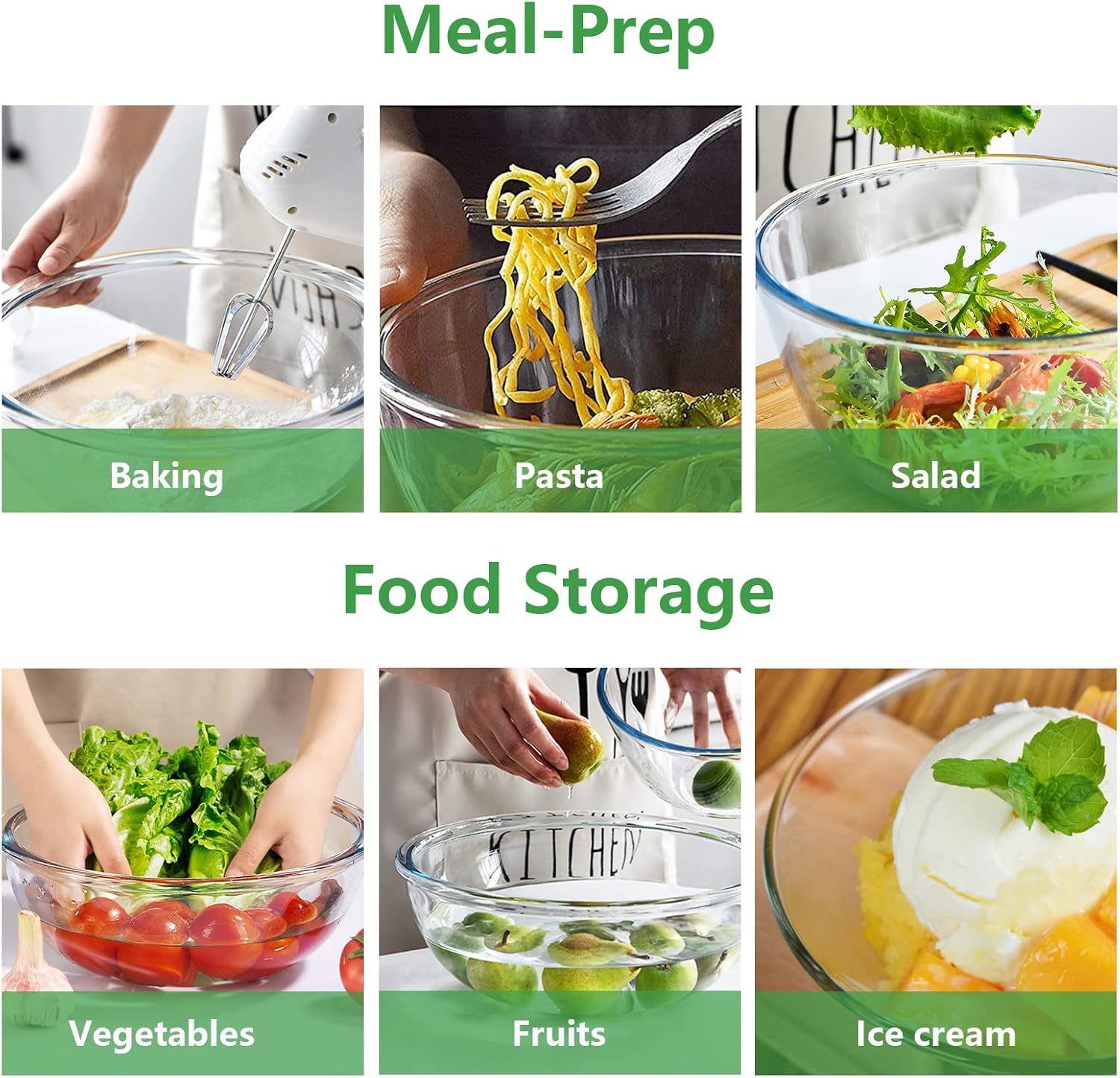 WhiteRhino Glass Mixing Bowl with Lids Set of 4,(1,1.5,2.5,3.7) Large Salad Bowl,Space-Saving Stacking Bowl for Kitchen Food Storage,Glass bowl for Cooking,Baking