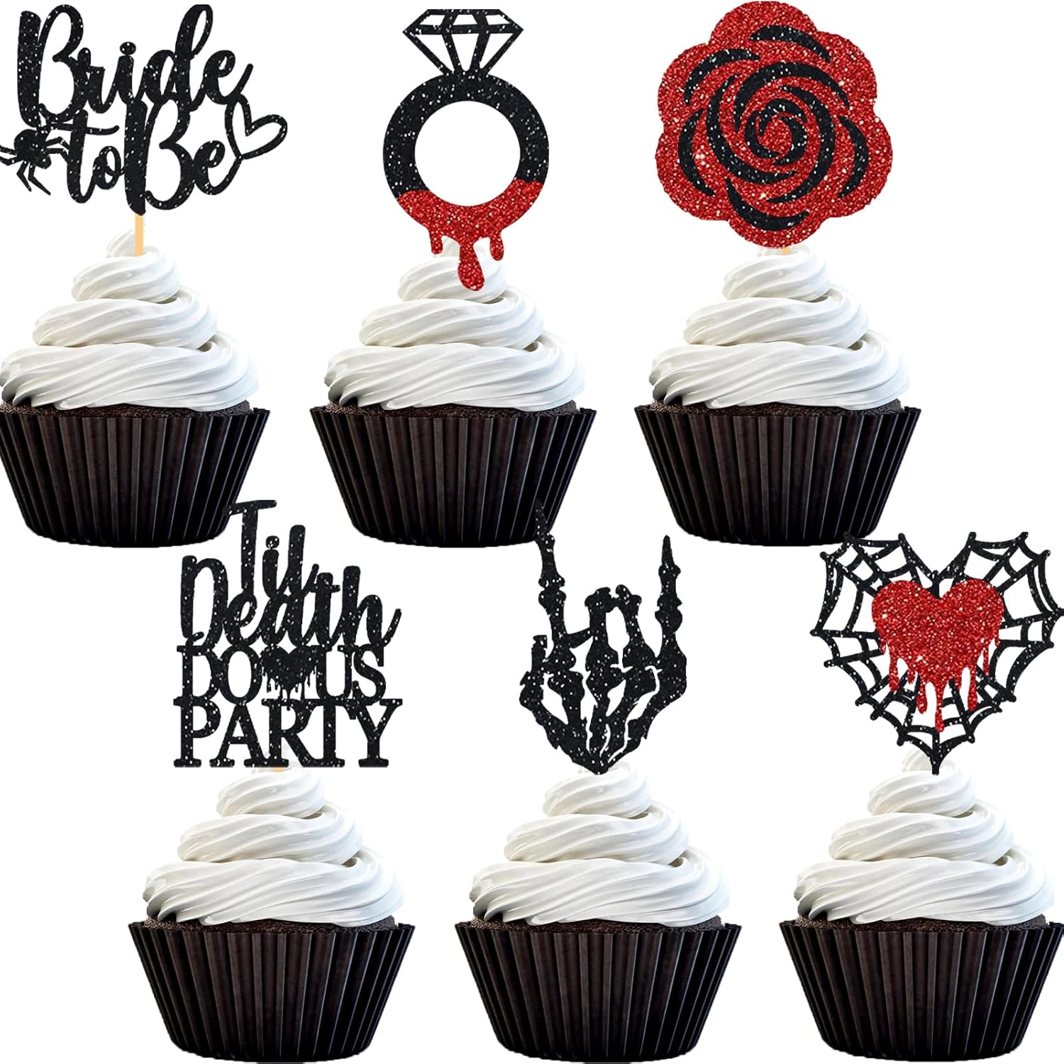 Halloween Bachelorette Cupcake Topper Bride To Be Ring Skeleton Hand Heart Blood Glitter Food Picks Horror Ghost Engagement Party Decoration Red