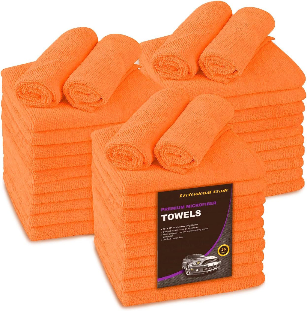 Large Microfiber Cleaning Towels, 36-Pack, Ultra Soft Plush Washcloths, Professional Grade Premium Microfiber Detailing Cleaning Cloth for Car, Household and Commercial (Orange, 16" x 16")