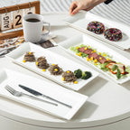 Rectangular Ceramic Serving Platters Set of 4, 14 inch Large Porcelain Serving Plates, White Appetizer Trays, Dishwasher Safe Plates for Steak, Charcuterie, Thanksgiving Turkey, Desserts