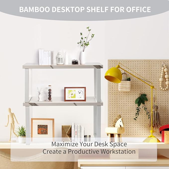 Cabinet Organizer Shelf, Set of 2 Expandable Kitchen Countertop Shelves with Spice Rack - Stackable Storage in Metal and Wood15.7 inches (White)