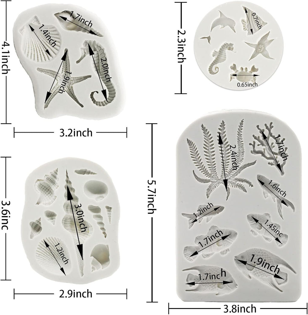 MEMOVAN Marine Theme Silicone Fondant Mold 4pcs Under the Sea Cake Mold Hippocampus Seaweed Sea Fish Crab Coral Conch Sea Shell Silicone Chocolate Mold for DIY Ocean Theme Cake Cookie Chocolate Candy