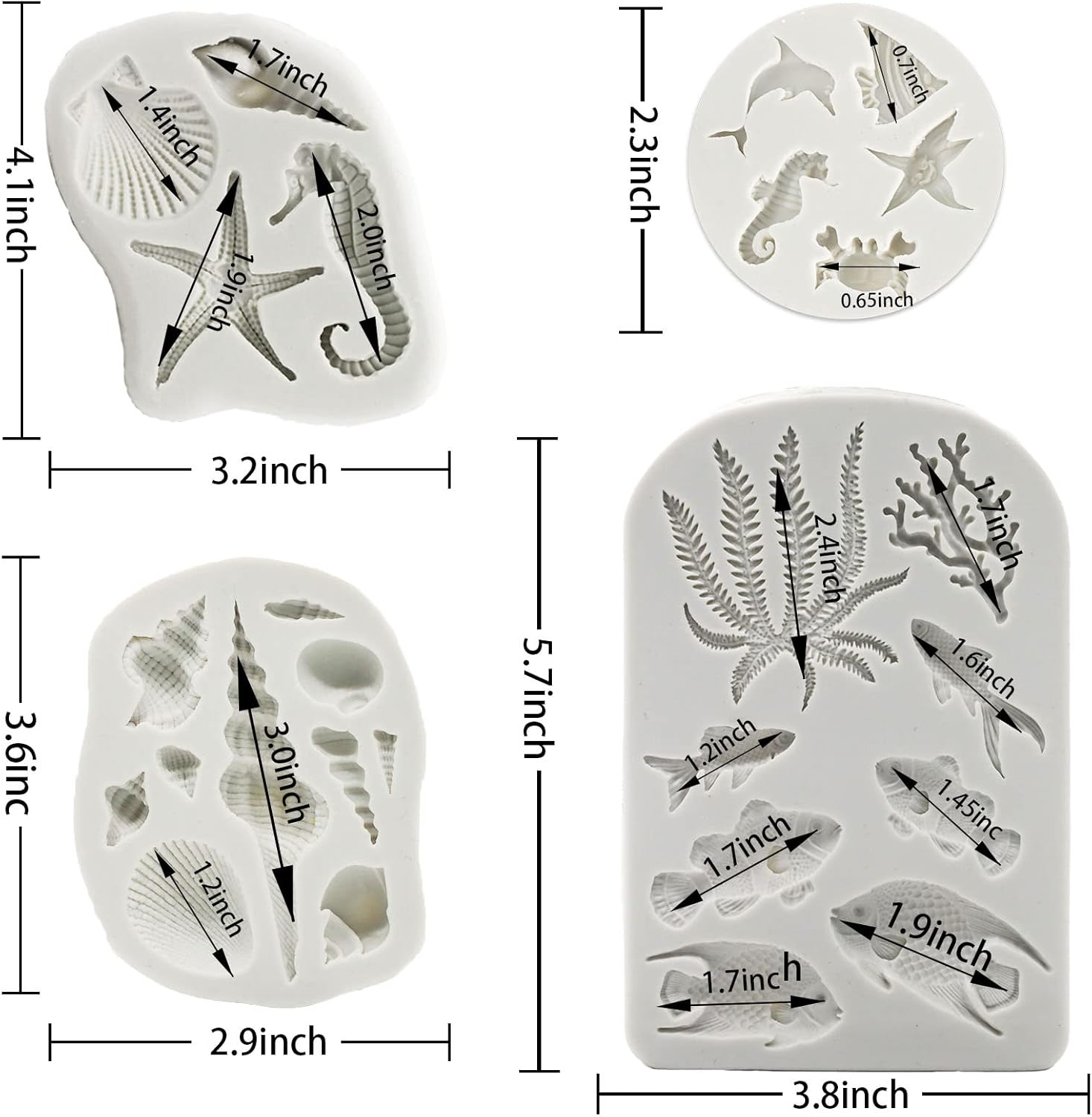 MEMOVAN Marine Theme Silicone Fondant Mold 4pcs Under the Sea Cake Mold Hippocampus Seaweed Sea Fish Crab Coral Conch Sea Shell Silicone Chocolate Mold for DIY Ocean Theme Cake Cookie Chocolate Candy