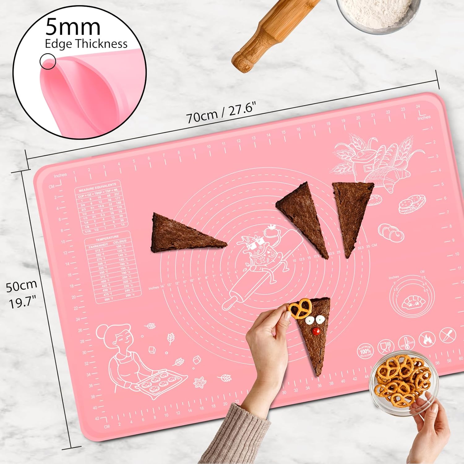 Silicone Pastry Mat 28" x 20" Extra Thick Non Stick Baking Mat with Measurements and Edge Heightening, Food Grade Silicone Rolling Mat for Pastry, Bread, Cookies, Pizza, Fondant, Pasta - Pink