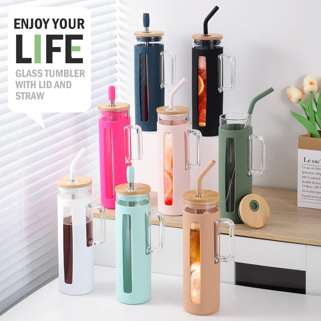 Kodrine Glass Tumbler with Handle, 24 oz Iced Coffee Cup Boba Smoothie Cup, Bamboo Lid Home Office Tumblers, Olive