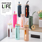 Kodrine Glass Tumbler with Handle, 24 oz Iced Coffee Cup Boba Smoothie Cup, Bamboo Lid Home Office Tumblers, Olive