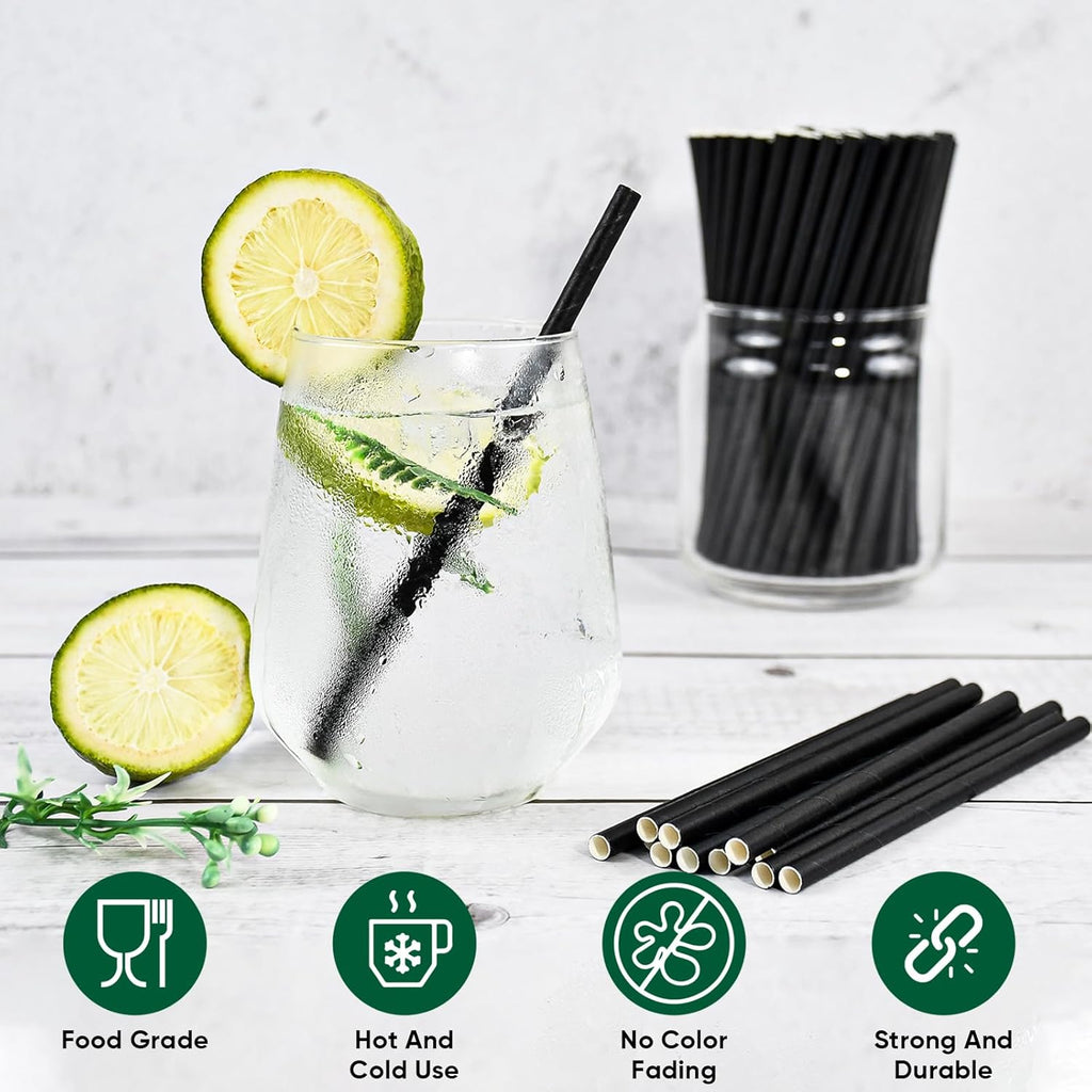 [400 Pack] Chunspak 5.75 inch Disposable Black Paper Cocktail Straws, Paper Bar Stirrers - Individually Wrapped