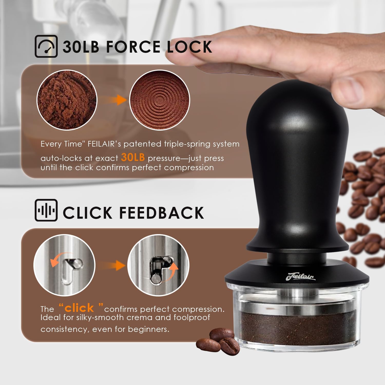51mm Espresso Tamper, Coffee Tamper with Calibrated Spring Loaded,Tamper Tool With Sound Feedback click, Self Leveling Tamper for Barista, Compatible with 51mm De'Longhi Portafilter