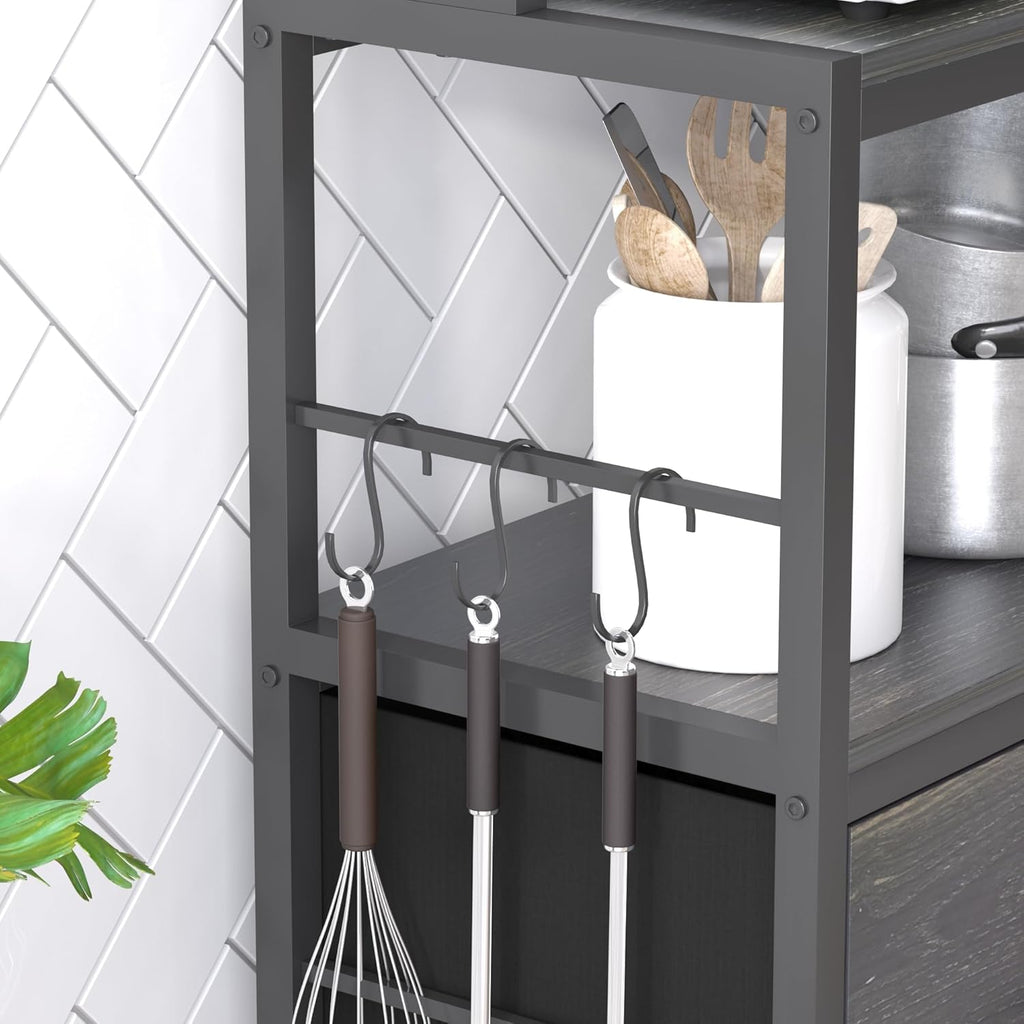 Kitchen Bakers Rack with Baskets,5-Tier Free Standing Storage Shelf Rack,Industrial Microwave Oven Stand,Metal Kitchen Rack Organizer with Hooks(Black)