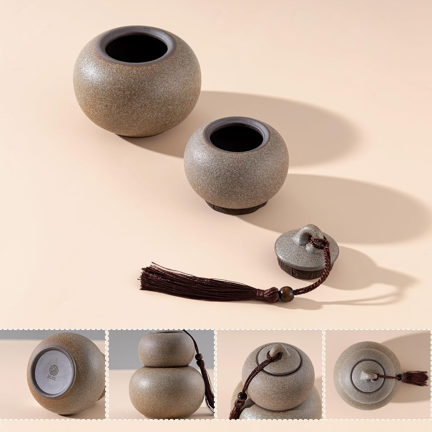 Ceramic Airtight Canister 22 Oz /660ml,Gourd Shap 2 Layers Loose Tea Candy,Food Storage Jar for Coffee,Beans,Herb,Spices,Nuts -Stone White