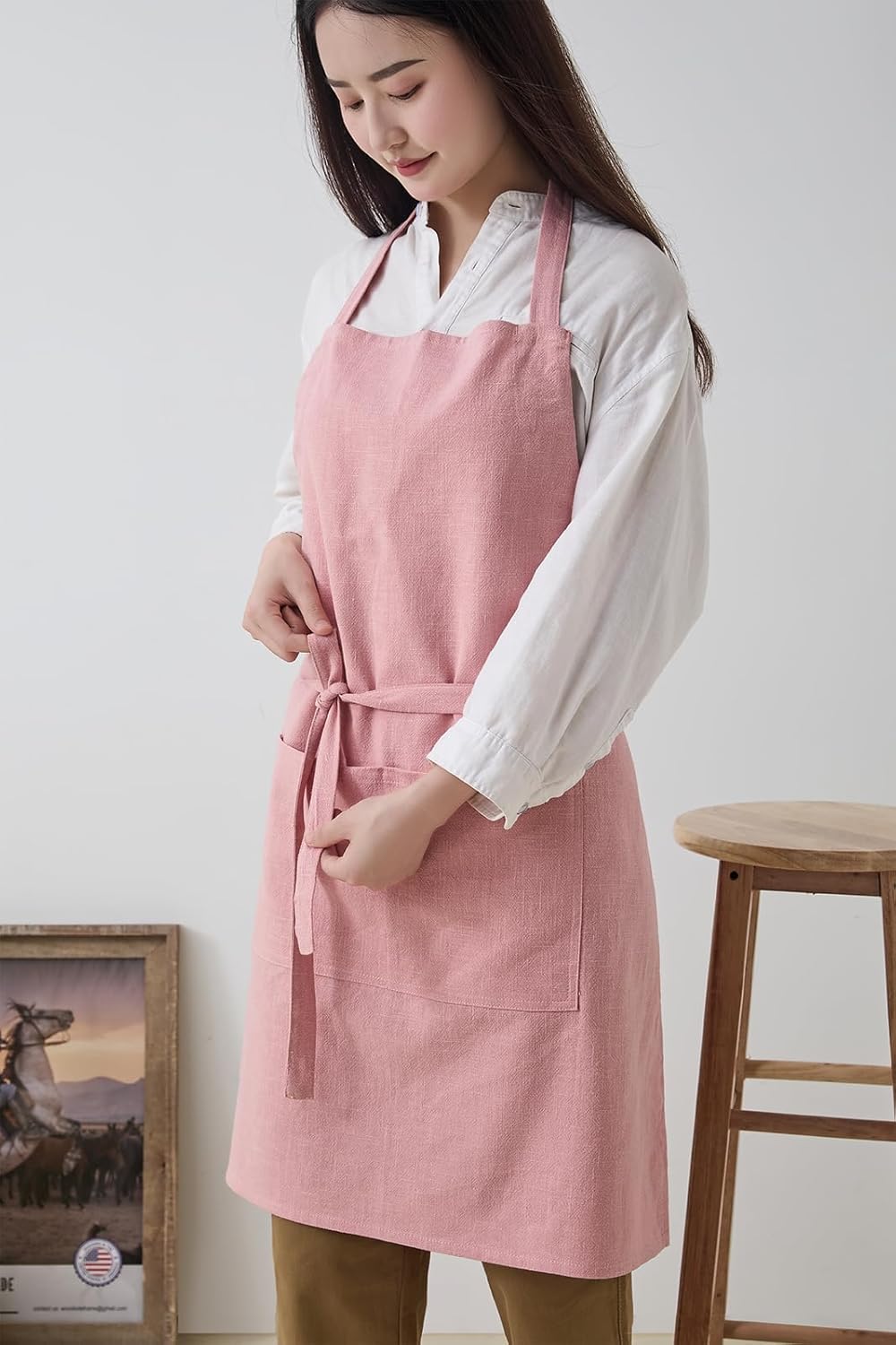 Cotton Linen Apron for Women - Adjustable Casual Apron with Pocktes, Great for Florist, Coffee House and Kitchen