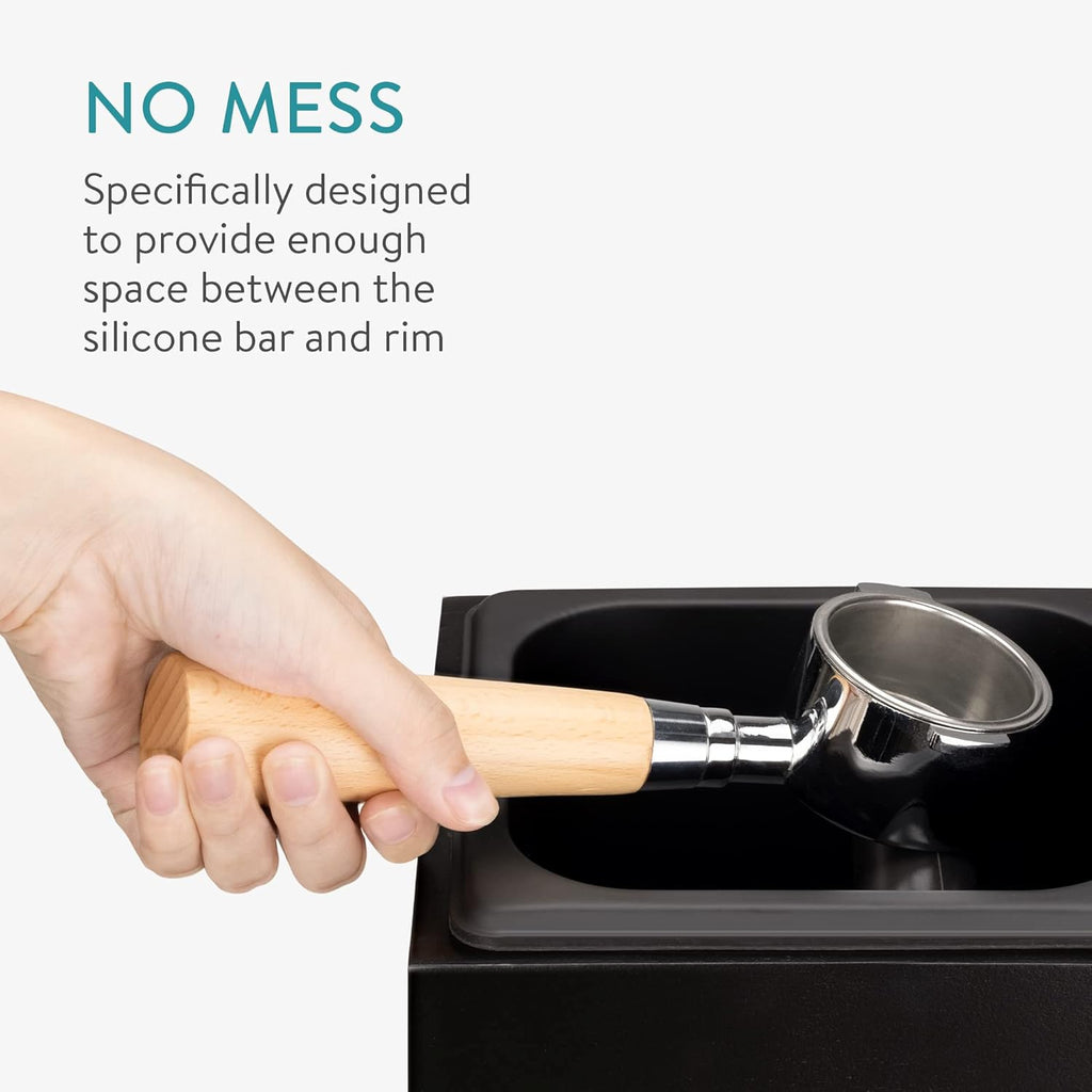 Navaris Coffee Knock Box - Stainless Steel and Wood Bin for Espresso Machine Grounds - With Silicone Bar for Knocking Portafilter Filter Grinds - Black/Black