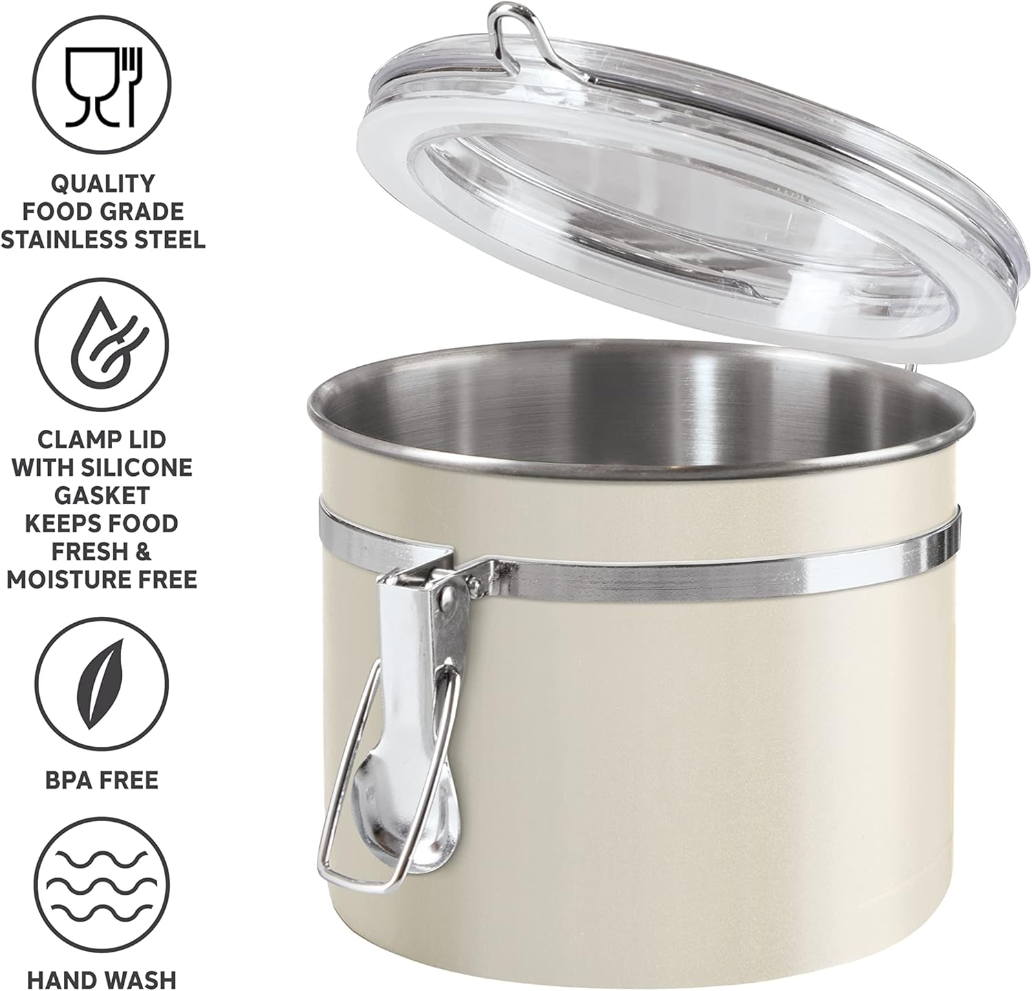 Oggi Stainless Steel Kitchen Canister 26 fl oz, Gray - Airtight Clamp Lid, Clear See-Thru Top - Ideal for Kitchen Storage, Food Storage, Pantry Storage. Size 5" x 3.5".