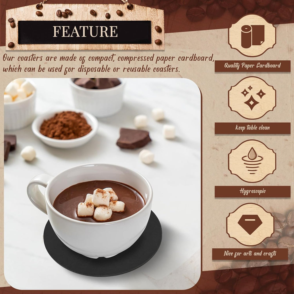 TaoBary 200 Pcs Disposable Paper Coasters Bulk 1MM, 4 Inch Round Cardboard Coasters Blank for Bar Drinks DIY Crafts Arts Wedding (Black)