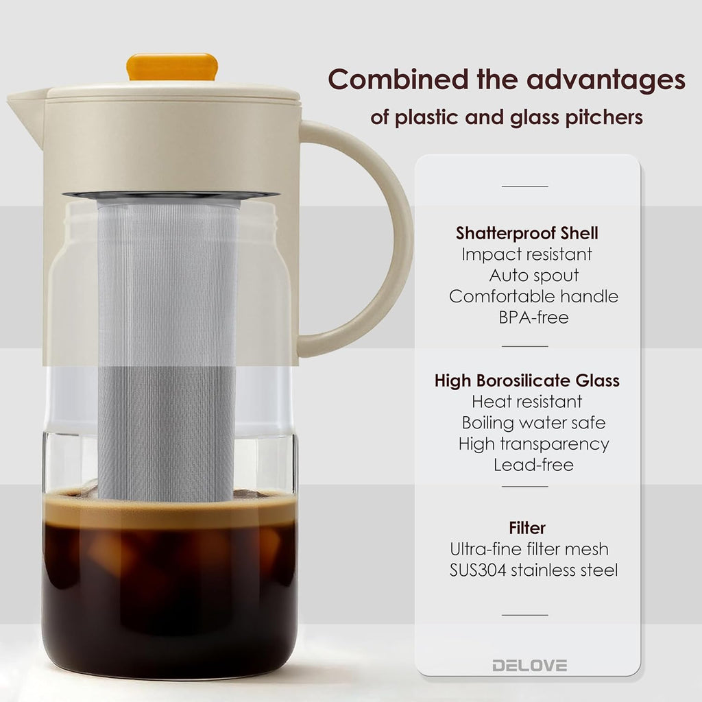 Delove Cold Brew Coffee Maker with Auto Spout – Shatterproof Plastic Shell, Wide Mouth Design – 62 oz (1.9 Quart) Iced Tea Glass Carafe with Removable Removable Mesh Filter (1, Beige)