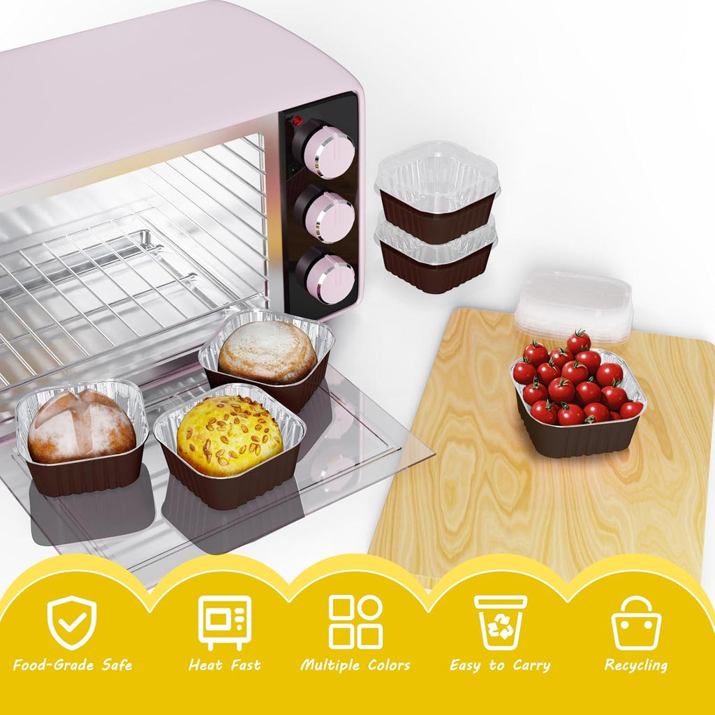 50 Pack Square Mini Cake Pans with Lids,Mini Loaf Pans with Lids,Aluminum Foil Baking Cups,Disposable Ramekins Cupcake Cups,Dessert Cups for Wedding Birthday Party Picnics,5oz (Coffee)